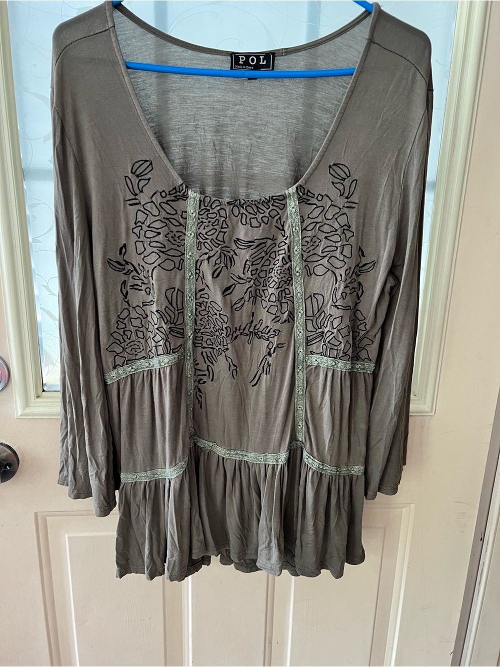 POL sz L Taupe long sleeve tunic with embroidered bodice, lace baby doll top.